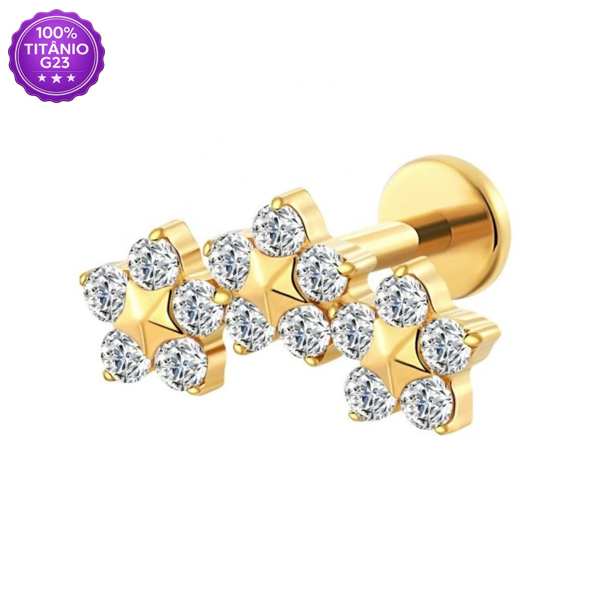 Piercing Labret Trio de Flores dourado em Titânio G23