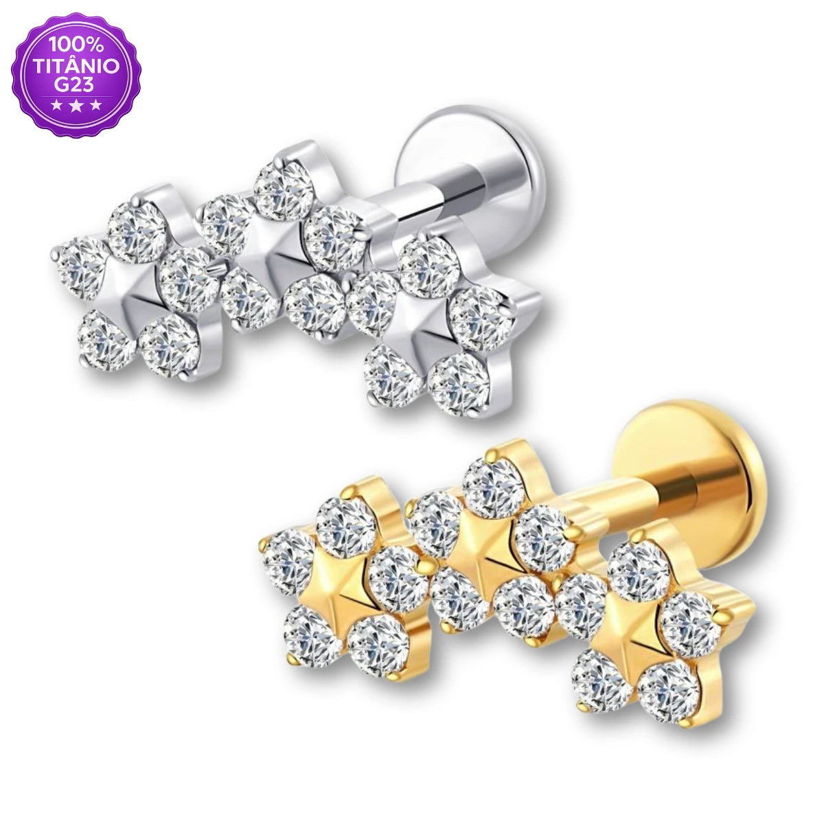 Piercing Labret Titânio G23 Trio de Flores com zircônias
