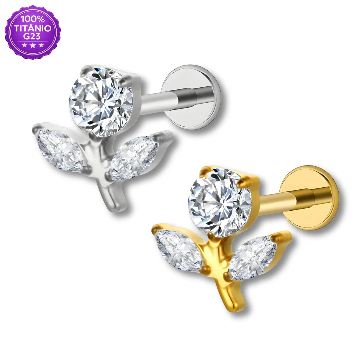 Piercing Labret em Titânio G23 com Topo de Flor Tulipa em Zircônia