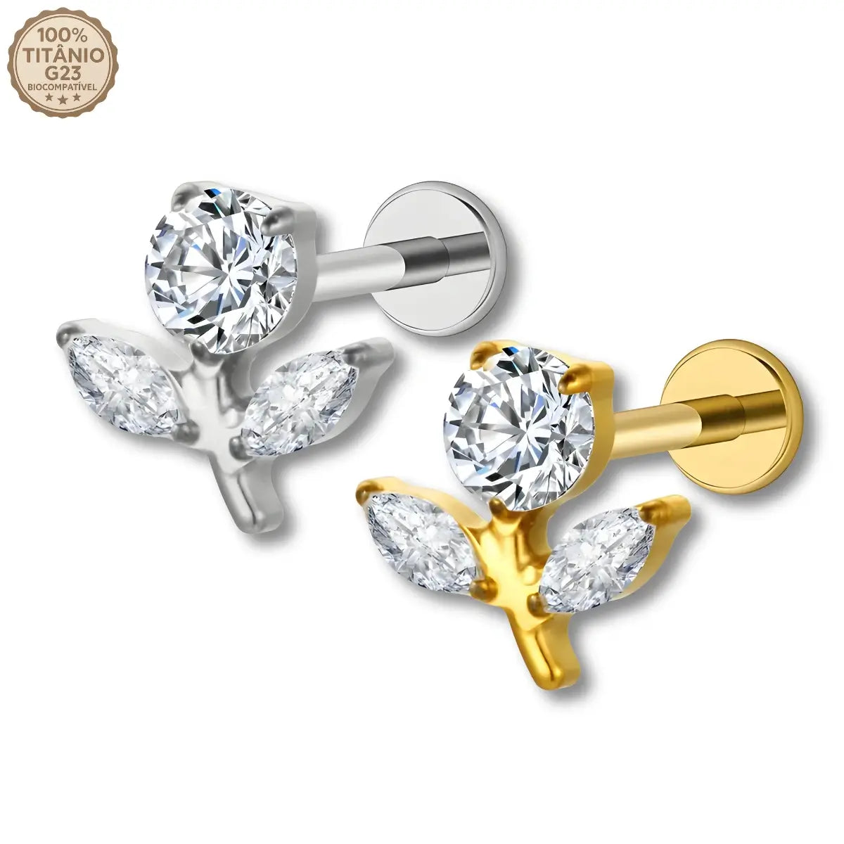 Piercing Labret em Titânio G23 com Topo de Flor Tulipa em Zircônia