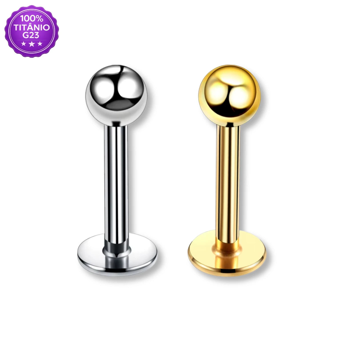 Piercing labret de titânio G23 com rosca interna e bolinha - natural e dourado, fundo branco
