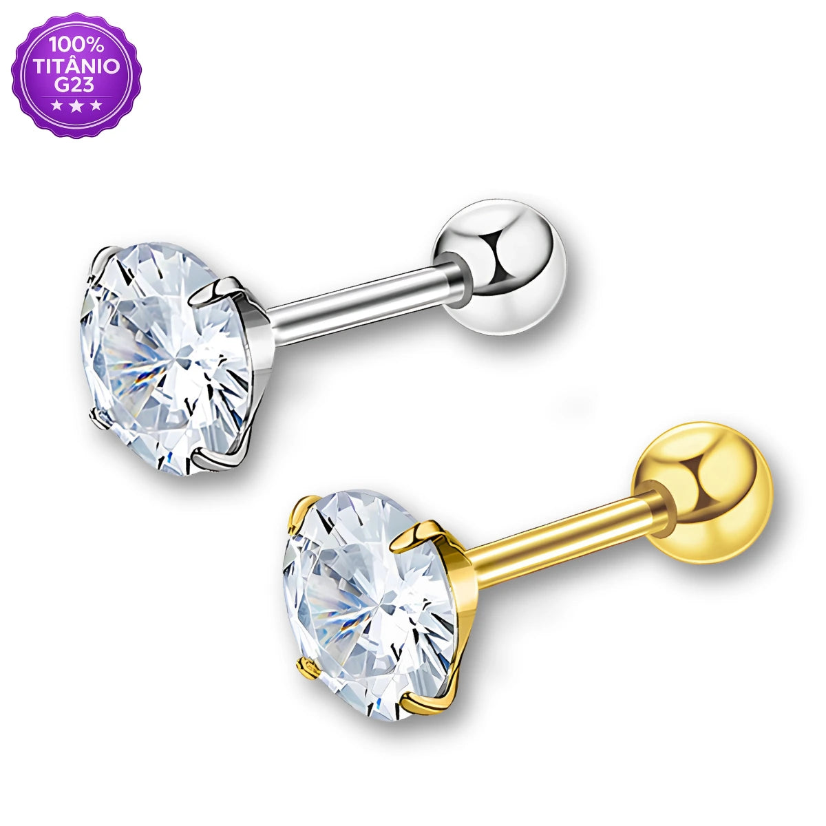 Piercing microbell em Titânio G23 com zircônia nas cores prateado e dourado