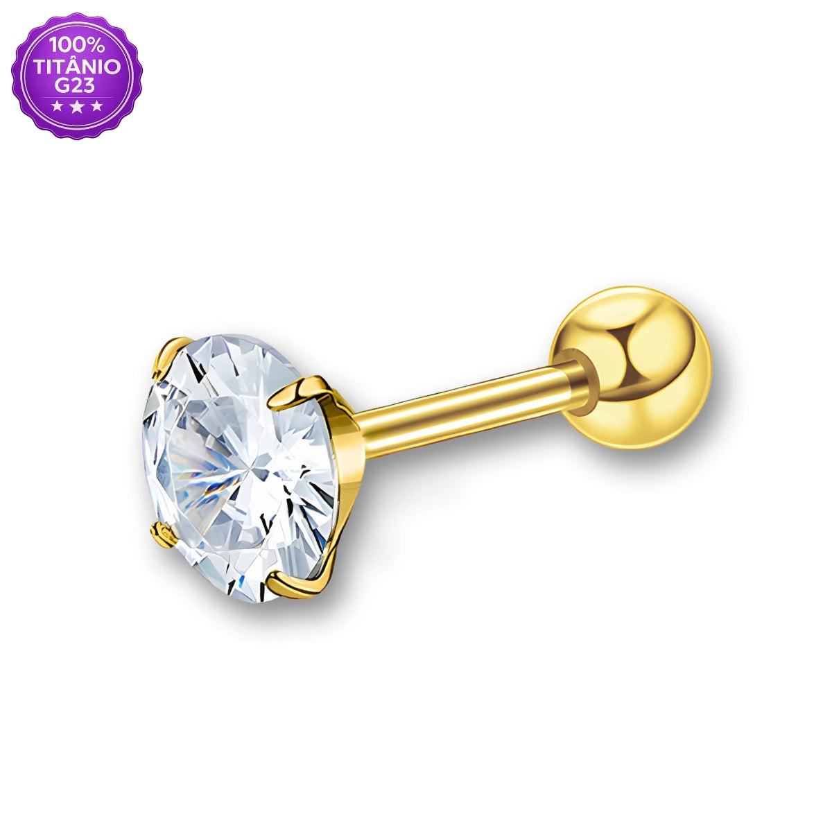 Piercing microbell dourado em Titânio G23 com zircônia e bolinha polida