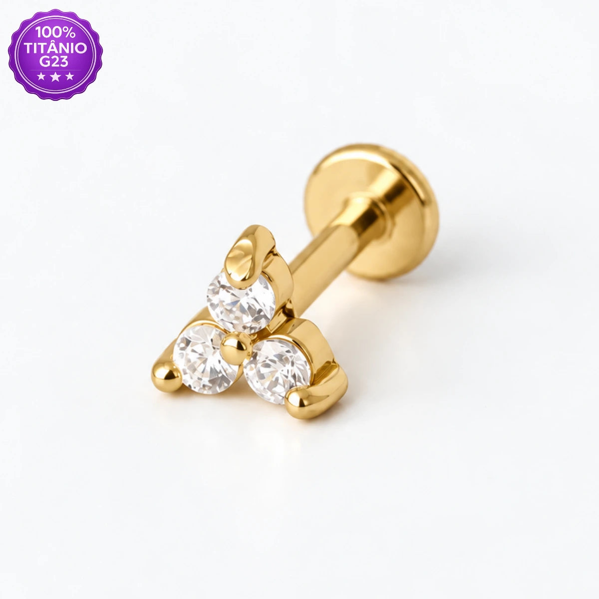Piercing Push Pin Titânio G23 trio de zircônias dourado