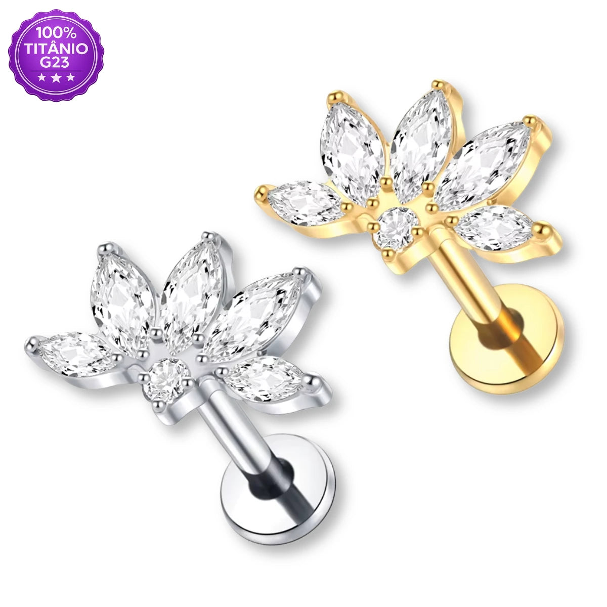 Piercing Scapha Labret de Titânio G23 Flor de Lótus com Zircônia