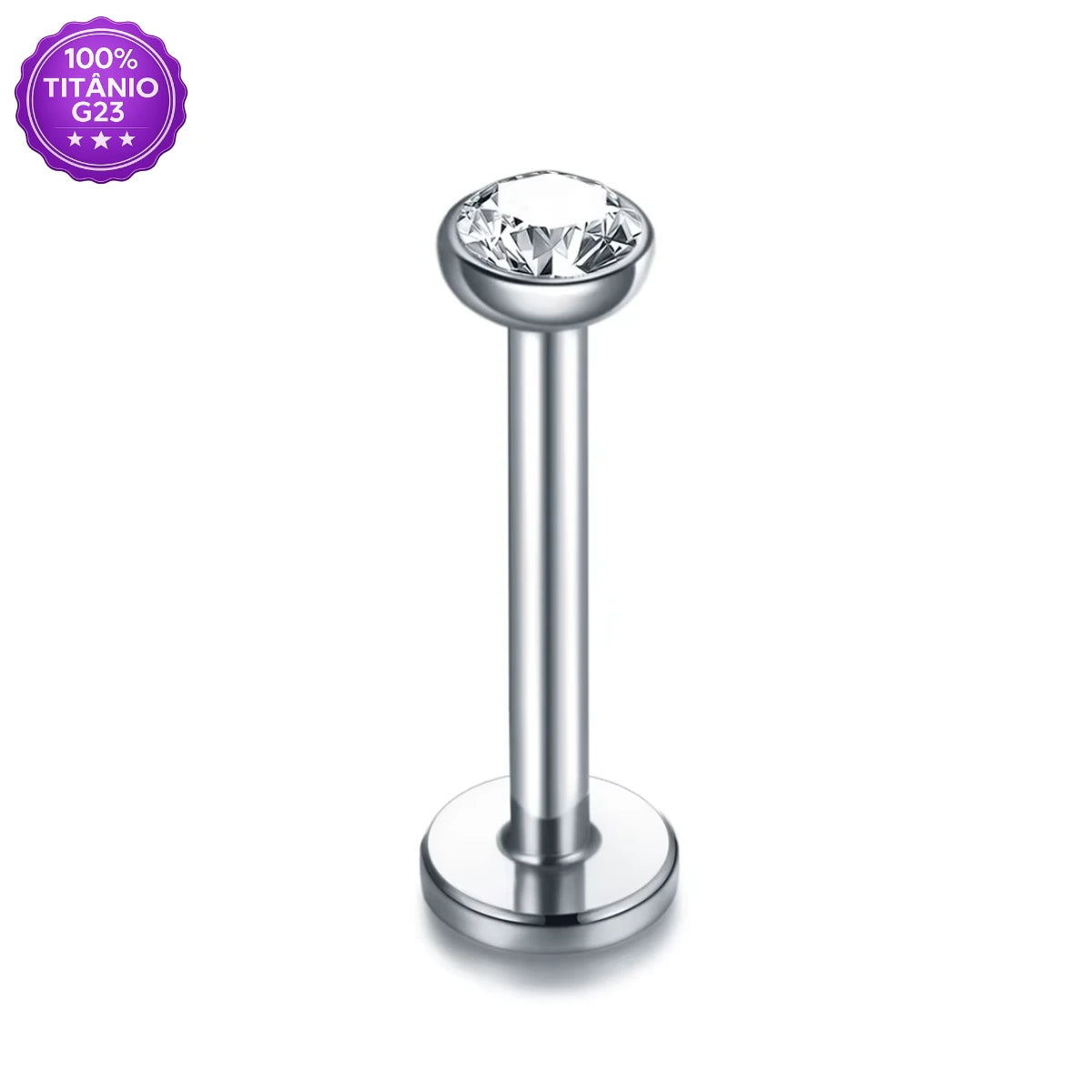 Piercing labret de Titânio G23 prateado com zircônia, grau implante, em fundo branco
