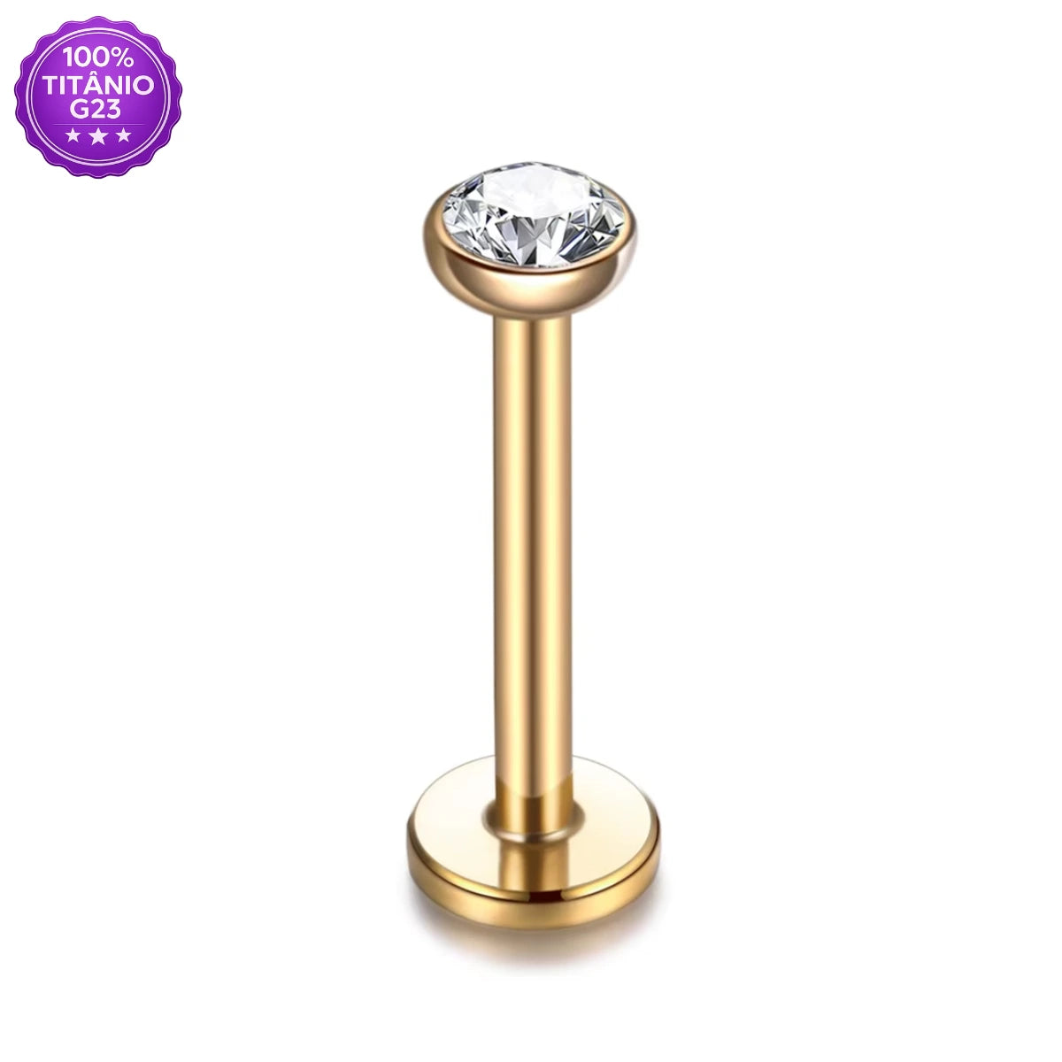 Piercing labret de Titânio G23 dourado com zircônia e acabamento de alto brilho